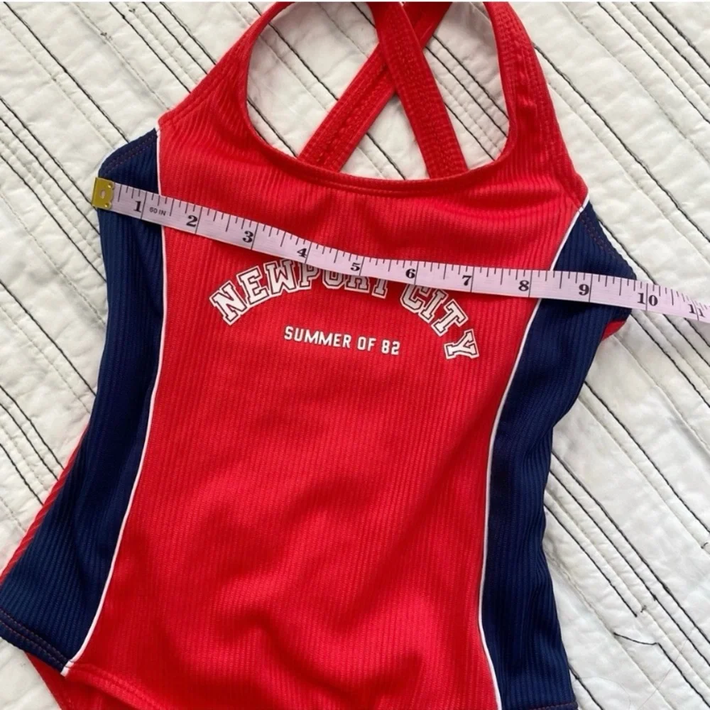 NWT ZARA Girls Ribbed Knit Retro One piece Swimsuit Bright Red Navy sz 6 - 7